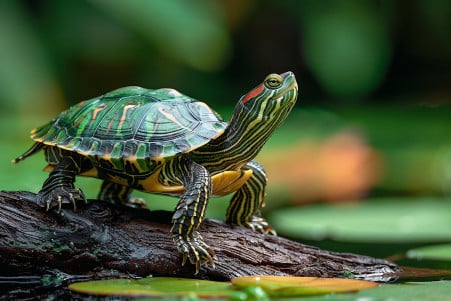 Vibrant green and brown turtle balancing on a log with a prominent tail, in a natural setting near water