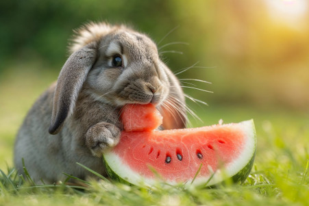 Grey floppy-eared rabbit munching on watermelon on a grassy background, symbolizing summer and safe snacking