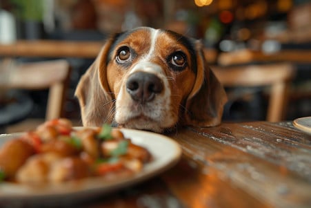 Beagle with a tri-color coat sniffing cooked chicken feet on a wooden table