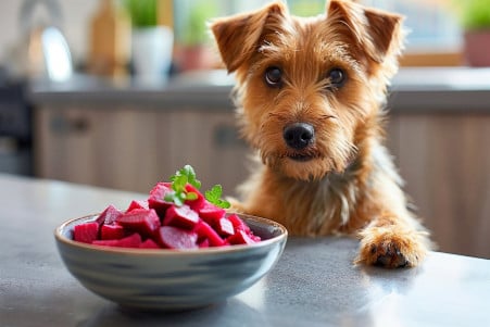 Energetic brown dog sitting attentively in front of a bowl filled with sliced beets on a kitchen countertop