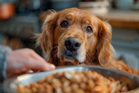 Worried owner taking pecans away from a curious Golden Retriever in a bright kitchen