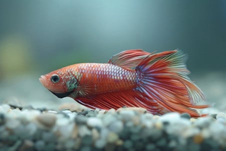 Betta fish with fading coloration lying near the bottom of a clean aquarium, indicating declining health