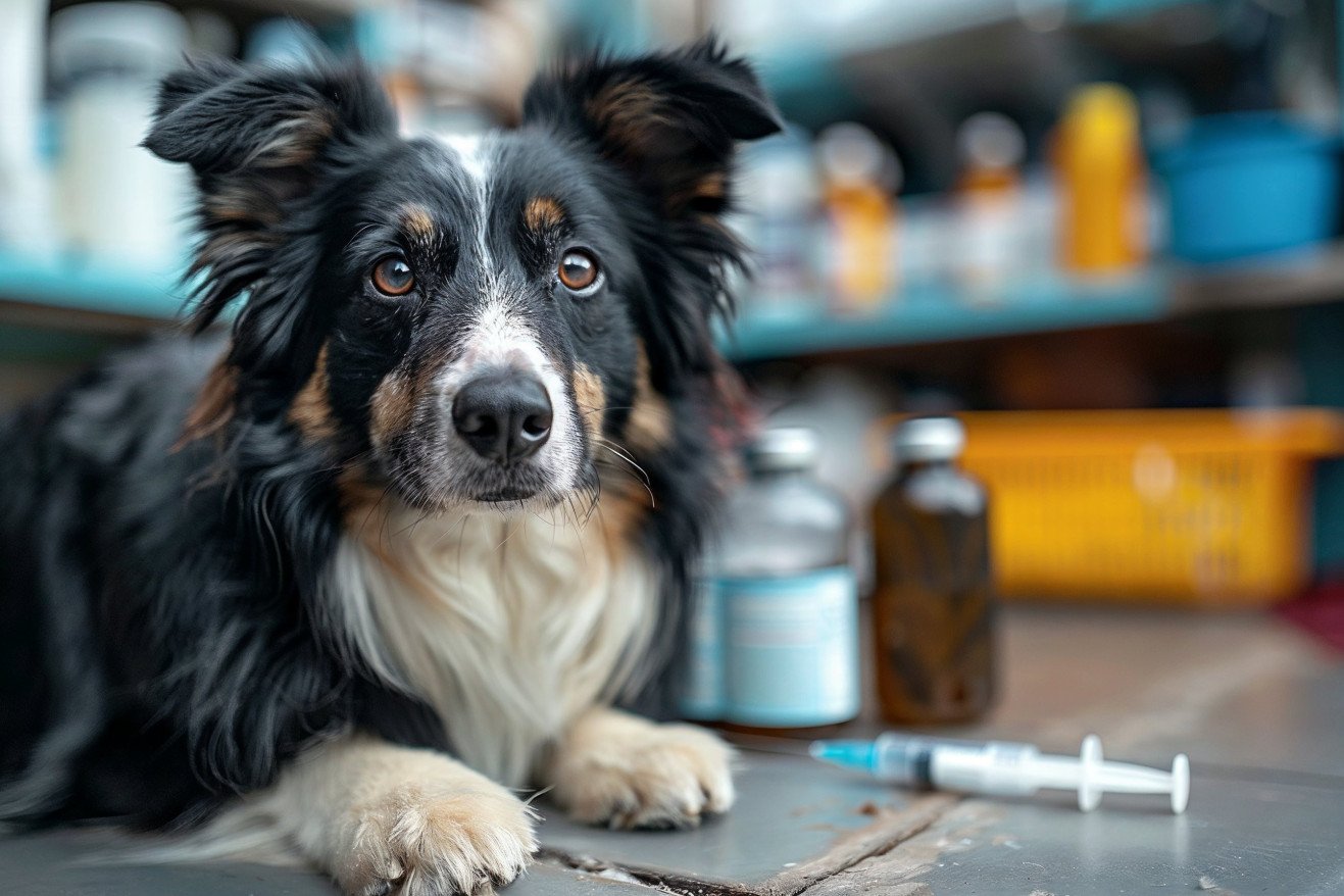 Resilient Border Collie sitting next to a vaccine syringe and cleaning supplies, recovering after illness in a vet clinic