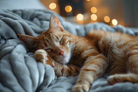 Serene orange tabby cat curled up with one paw on its face, sleeping in a cozy bed with warm lighting