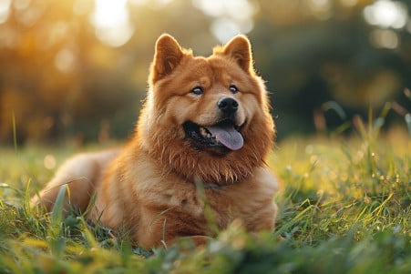 Chow Chow dog lying on green grass, panting with its distinctive purple tongue visible