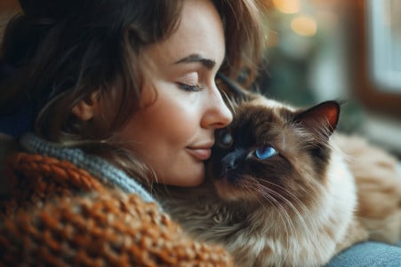 Woman petting a Siamese cat on a couch, both gazing at each other in a well-lit living room