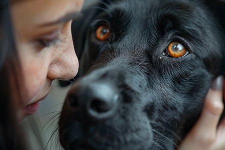 Owner examining a black Labrador's eye with white spots on the cornea in a veterinary office