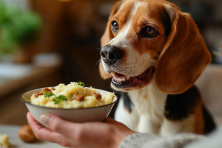 Cheerful Beagle waiting for a bowl of mashed potatoes in a bright kitchen