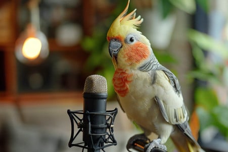 Male Cockatiel with crest feathers raised, looking at a microphone, in a living room setting