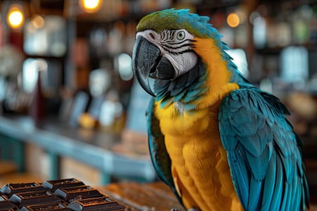 Blue and gold Macaw parrot perched on a table, looking away from a bar of chocolate