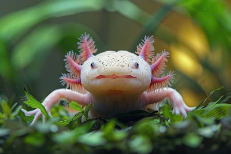 Axolotl opening its mouth to show small pointed teeth in a well-maintained aquarium