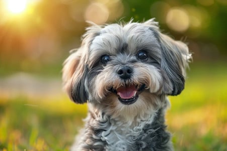 Joyful Shih Tzu with mouth open in a playful stance at a dog park