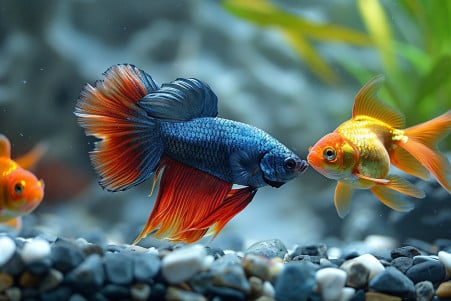 Blue and red Betta Fish in a small fishbowl beside a tank with several orange goldfish, illustrating species incompatibility