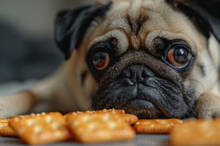 Curious Pug looking at saltine crackers on a coffee table in a blurred living room setting