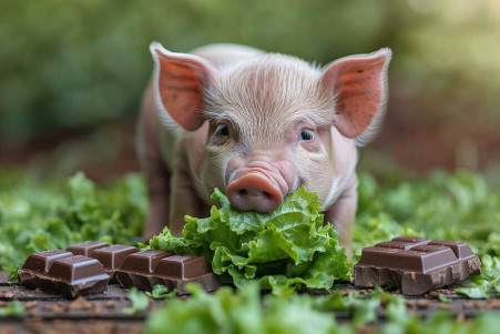 Content pink pot-bellied pig eating a lettuce leaf with chocolate bars in the background