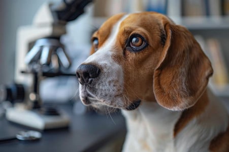Vet in lab coat examining a Beagle dog with a microscope and medical books in the background