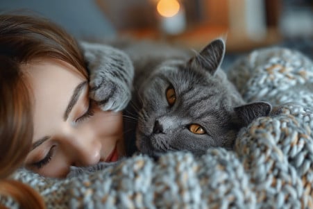 Grey British Shorthair cat grooming a happy woman lying on a cozy couch