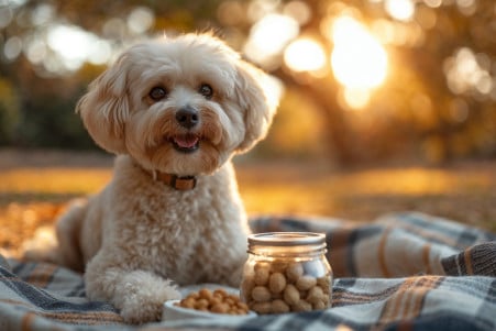 Happy Bichon Frisé sitting on a picnic blanket sniffing an open jar of unsalted peanuts in a park