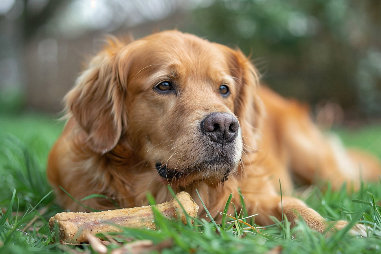 Golden Retriever contentedly chewing on a large raw lamb bone in a grassy outdoor area