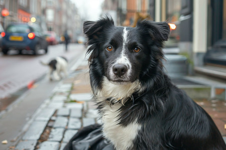 Attentive short-haired Border Collie waiting on a city sidewalk as its owner uses a pooper-scooper