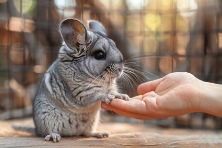 Grey chinchilla in a stress-reducing habitat gently sniffing a human hand