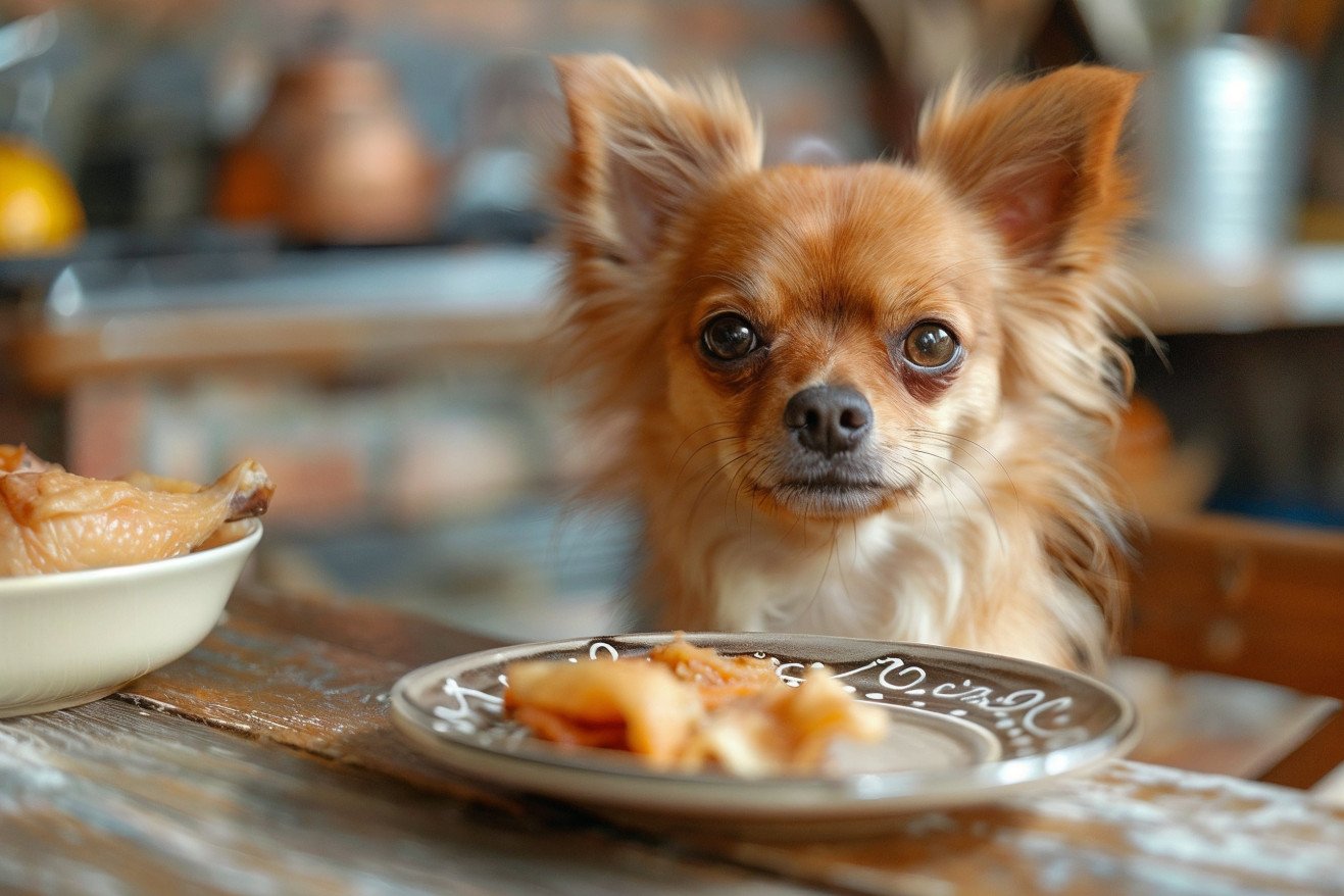 Chihuahua dog looking longingly at chicken skin on a high kitchen counter