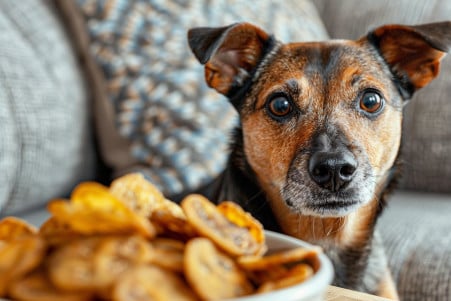 Black and tan dog looking cautiously at a bowl of plantain chips with a healthy treat beside it