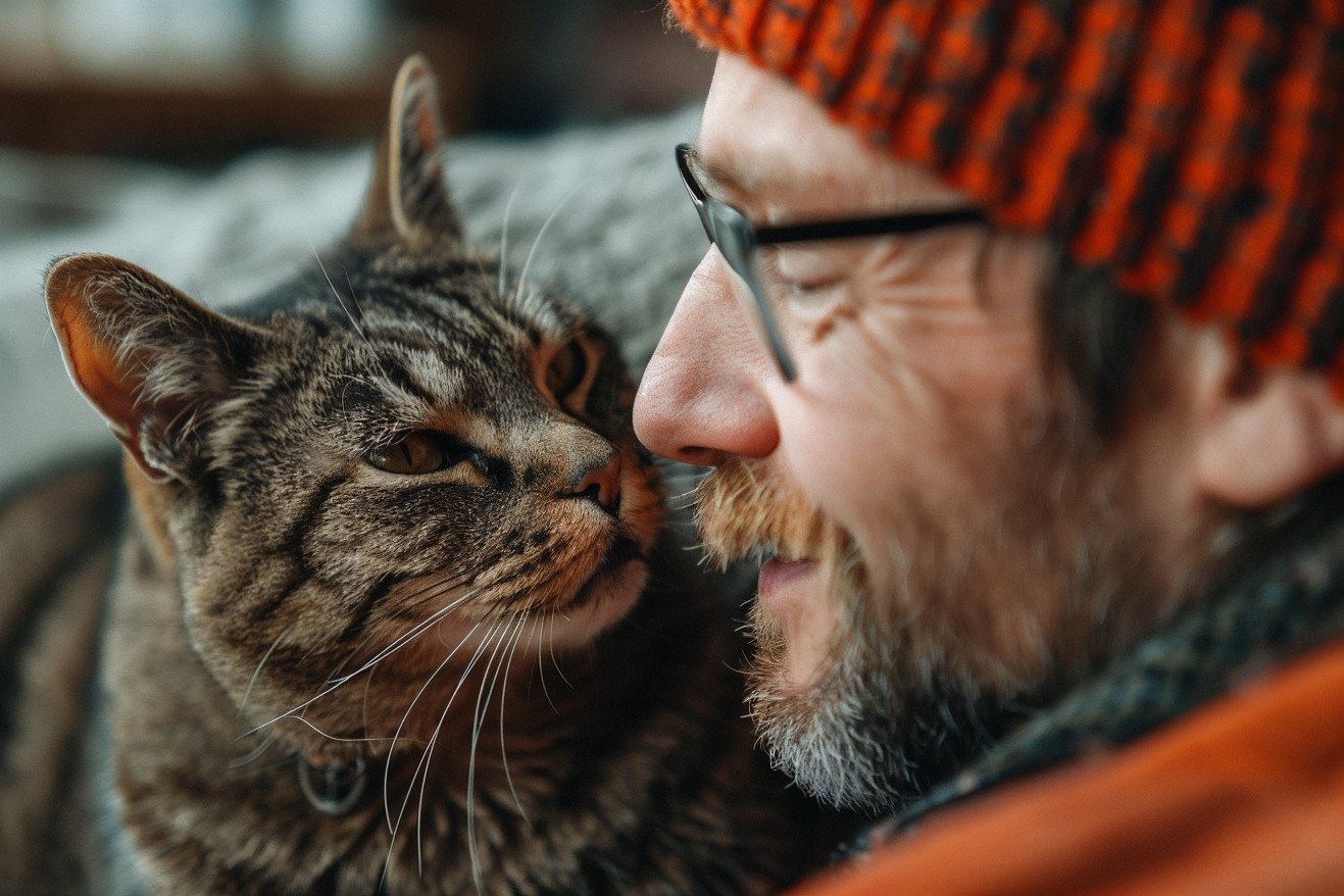 Grey tabby cat playfully biting a laughing man's nose while sitting on a living room couch