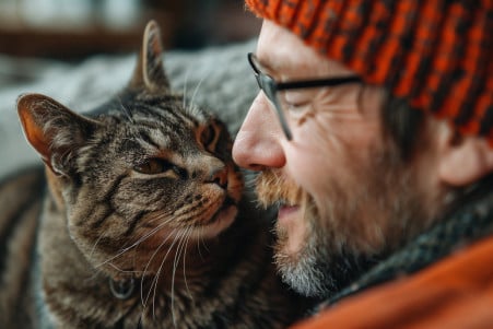 Grey tabby cat playfully biting a laughing man's nose while sitting on a living room couch