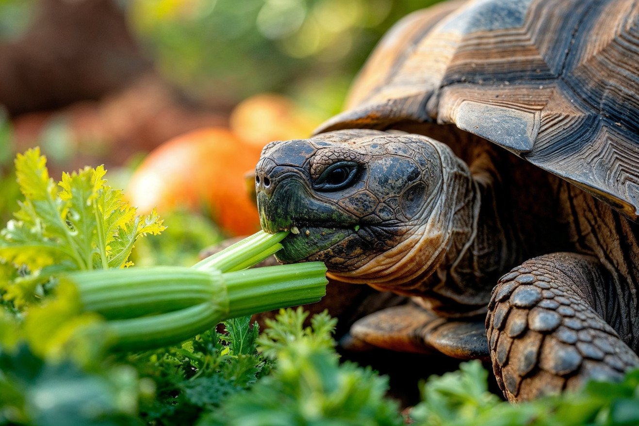 Mature tortoise sniffing a stalk of celery in a garden with fresh vegetables