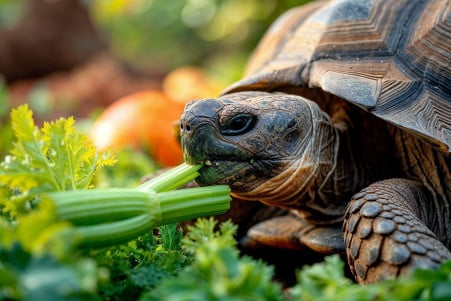 Mature tortoise sniffing a stalk of celery in a garden with fresh vegetables