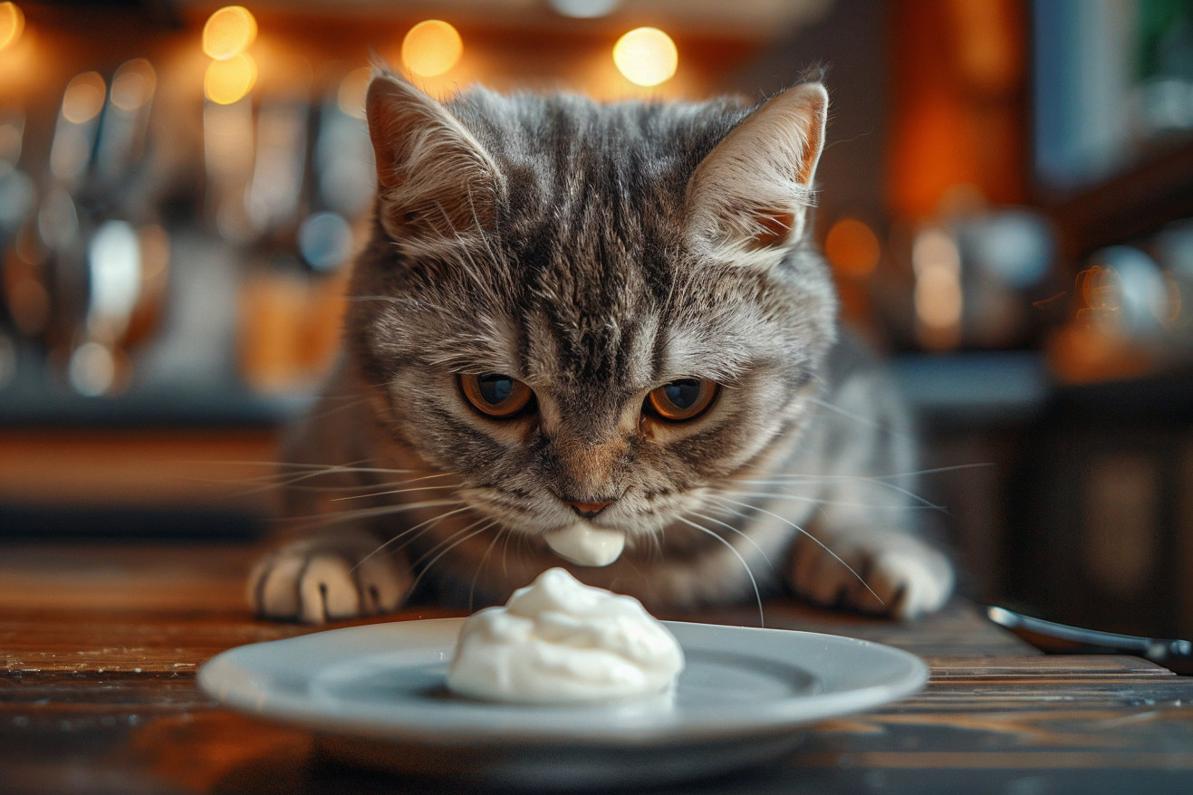 British Shorthair cat licking Greek yogurt from a spoon in a modern kitchen