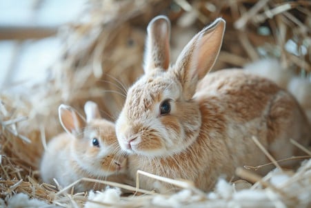 Mother rabbit attentively looking at her newborn in a nesting box, symbolizing maternal care