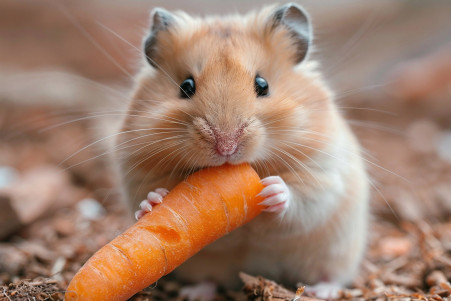 Golden-brown Syrian hamster nibbling on a carrot inside a cage with colorful bedding
