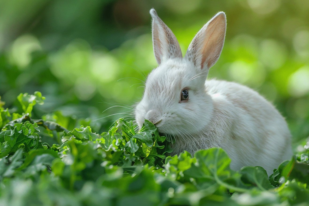 White rabbit eating green leafy vegetables in a grassy field