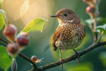 Small brown thrush bird staring at a snail on a twig in a dense garden setting