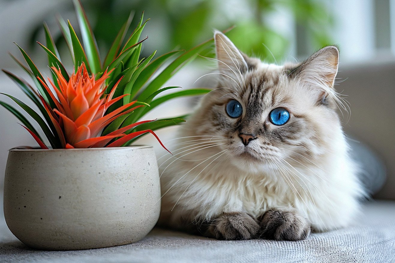 Ragdoll cat with blue eyes sitting indifferently next to a healthy bromeliad in a well-lit modern living room