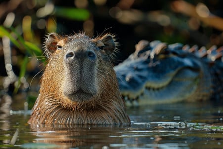 Capybara drinking from a river with a crocodile in the background, depicting predator-prey coexistence