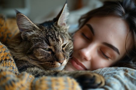 Cat with paw on smiling woman's face in a sunlit bedroom, depicting affection or attention-seeking behavior