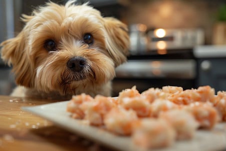 Small Shih Tzu dog skeptically looking at imitation crab meat in a modern kitchen