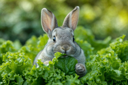 Contented grey dwarf rabbit eating crisp romaine lettuce in a serene garden setting