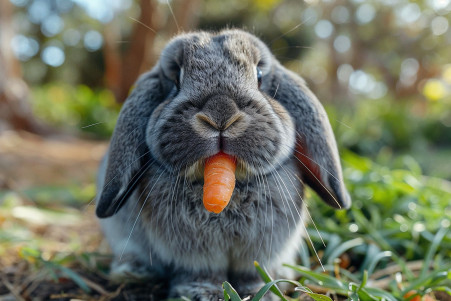 Grey lop-eared rabbit eating a small carrot in a serene outdoor setting