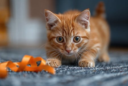 Orange tabby cat playing with a ribbon on the floor, symbolizing potential danger