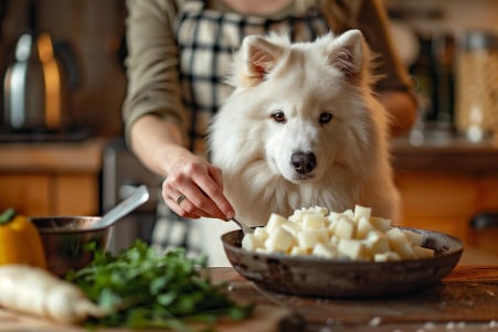 Fluffy Samoyed dog attentively waiting for cooked parsnips being prepared in a kitchen