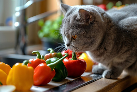 Gray British Shorthair cat sniffing colorful bell peppers on a kitchen counter