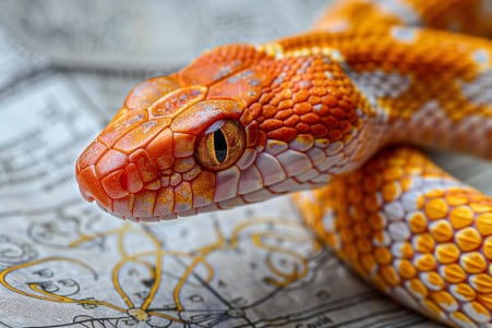 Corn Snake examining a miniature digestive system chart with scholarly books in the background