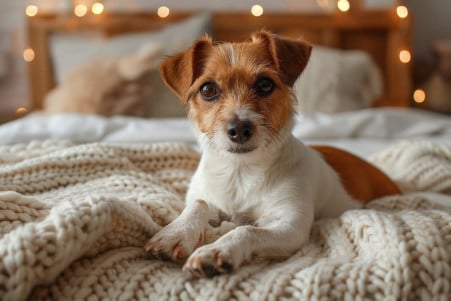 Jack Russell Terrier scratching a soft bed in a cozy, well-lit bedroom