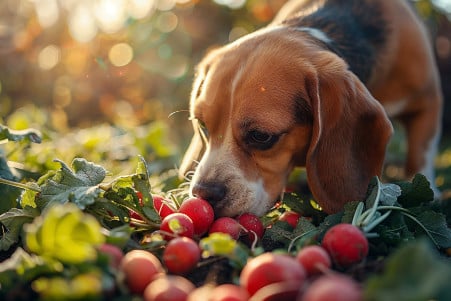 Beagle sniffing fresh radishes in a sunny backyard garden