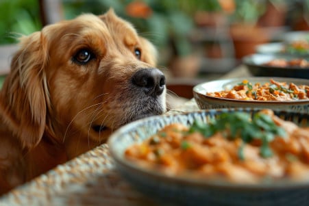 Confused Golden Retriever looking at a spicy curry dish on a table set for dinner with a dog bowl nearby