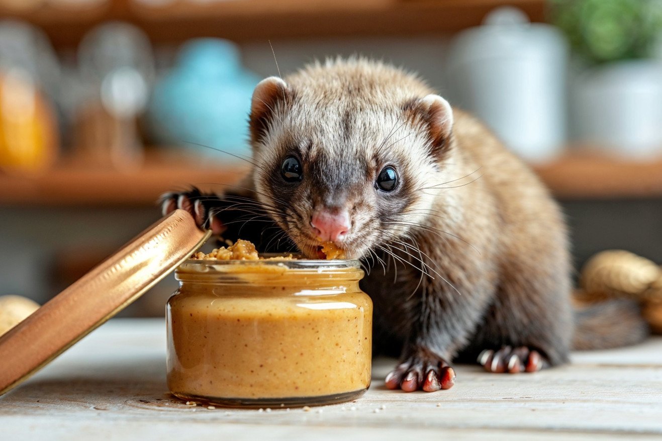 Ferret curiously sniffing an open jar of peanut butter in a kitchen setting, not consuming it